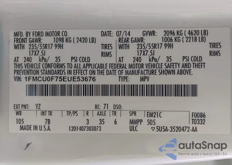 2014 Ford Escape S from USA, damaged, VIN 1FMCU0F75EUE53676